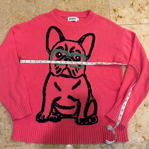 OXKNIT Pink Sweater with Black Bulldog & Green Glasses 100% Cotton Size L - Picture 2 of 6